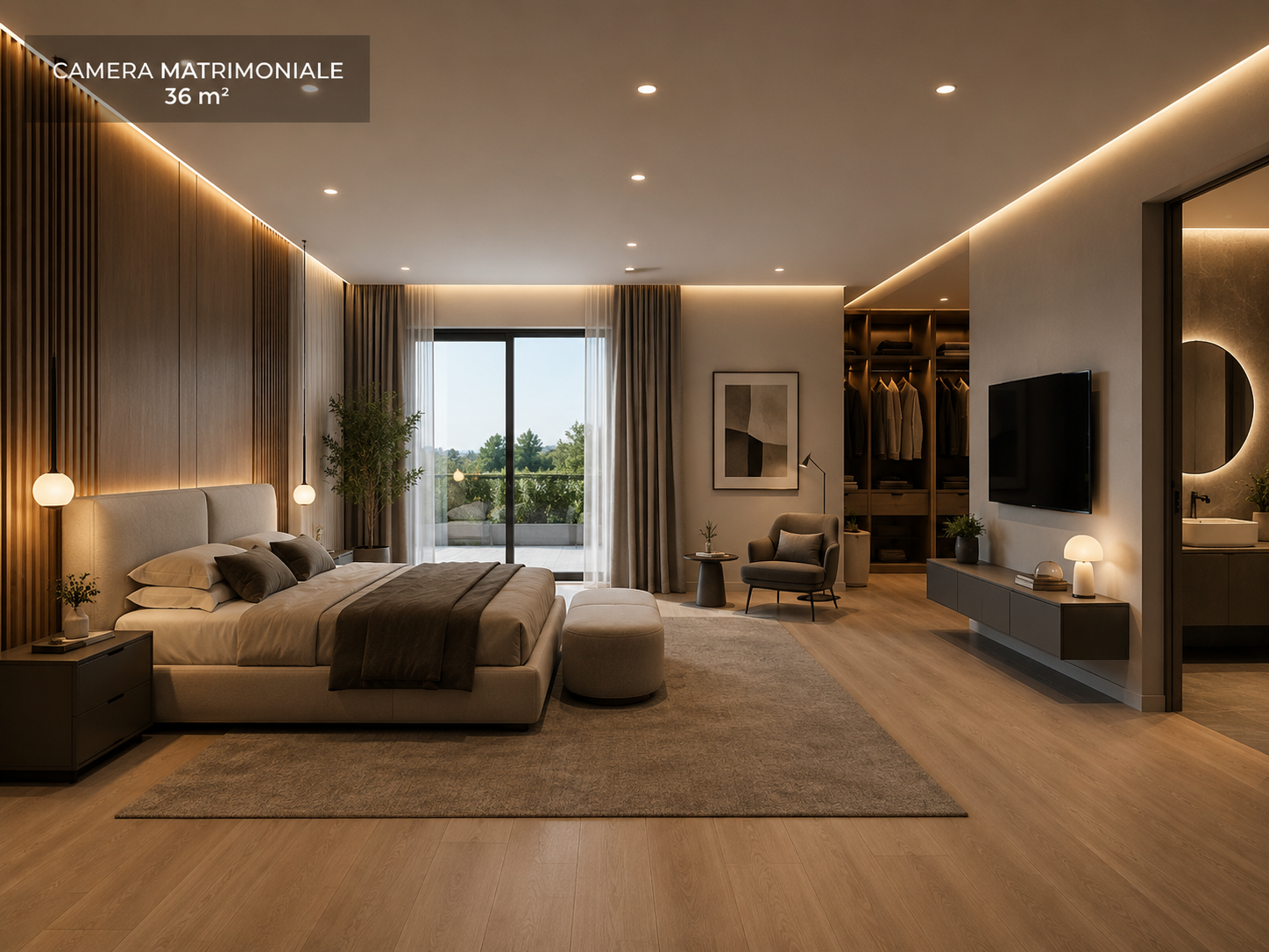 Render indicativo della camera matrimoniale di 36 mq