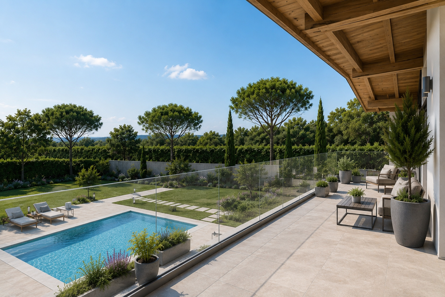 Vista indicativa dal terrazzo verso il giardino e la piscina