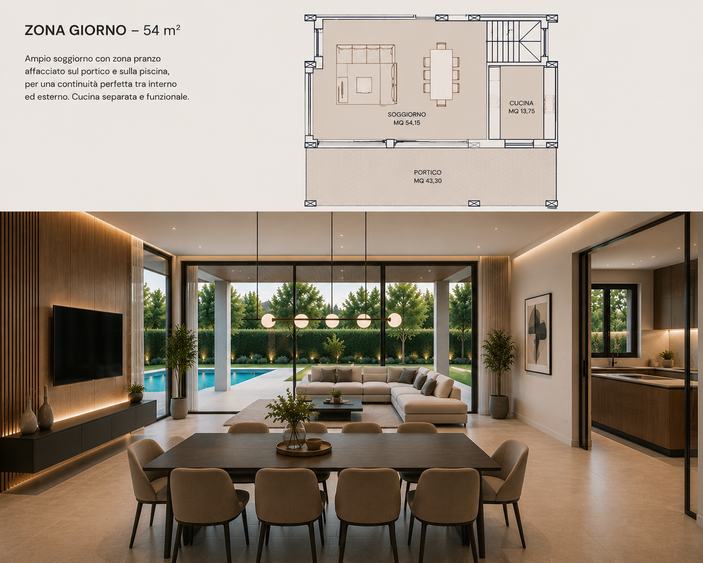 Render indicativo della zona giorno con vista sul portico e sulla piscina